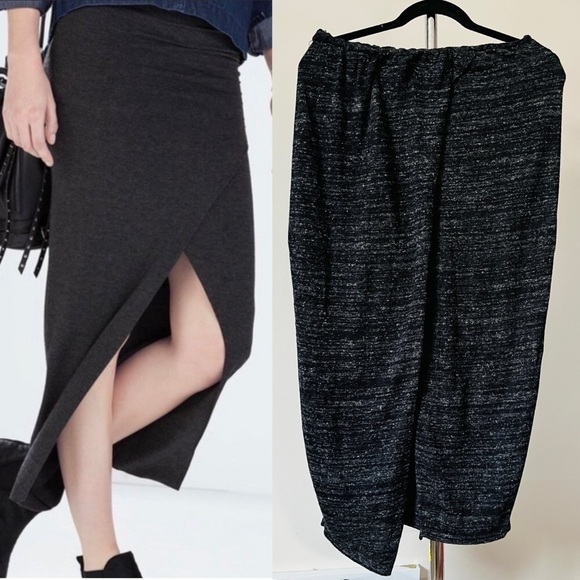 Zara Knit Linen  Skirt Charcoal Front Slit Wrap Maxi Stretch Jersey Knit Sz M - Picture 1 of 12